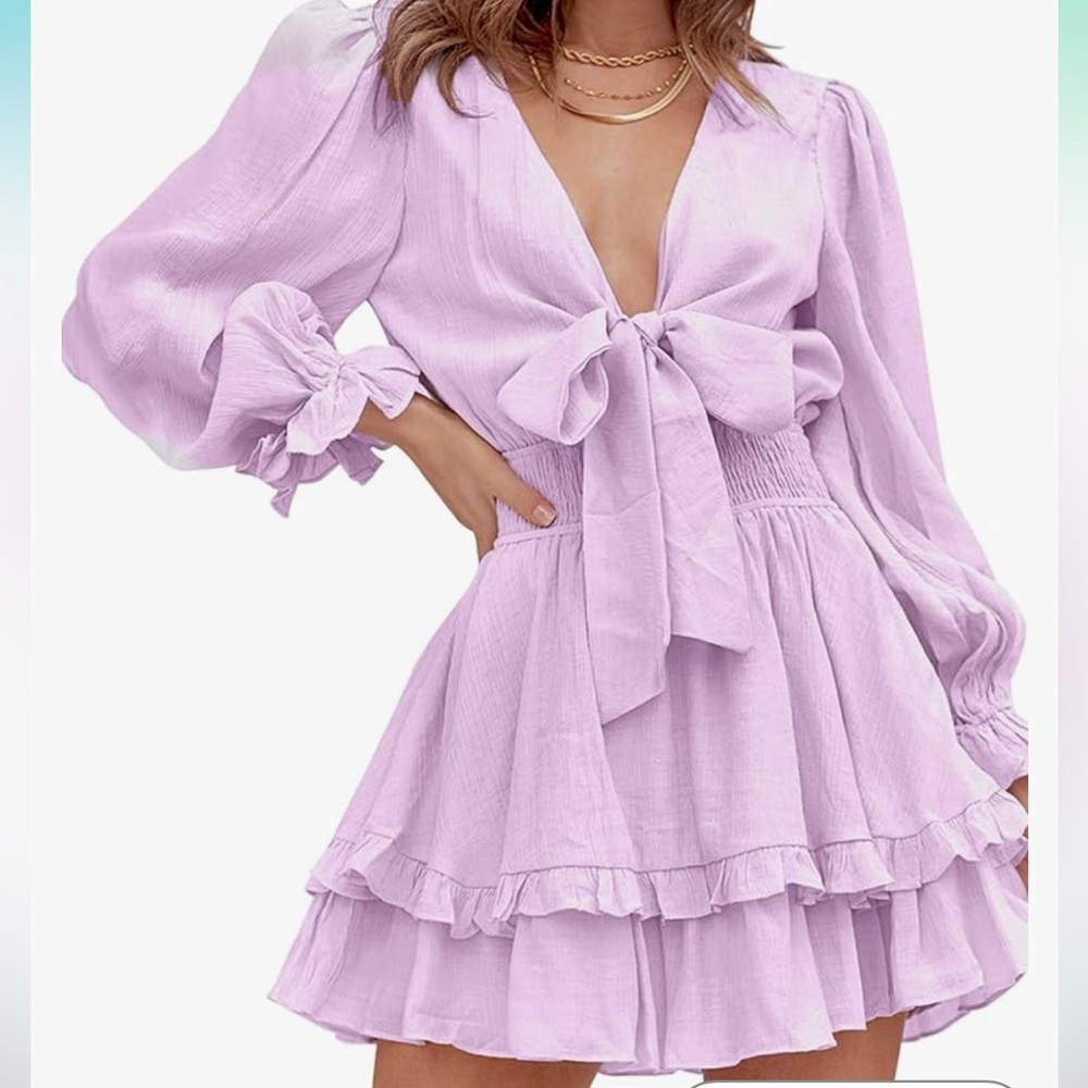 Long Sleeve Mini Dress -  Knot Front V Neck Ruffles